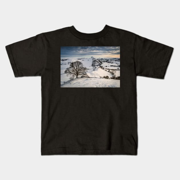 Winter Snow Scene with Mountains and Tree Kids T-Shirt by TonyNorth